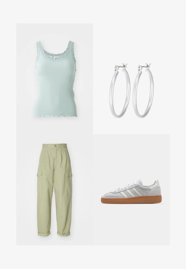 Vaaleansininen ribbikangas-toppi, jossa on aaltoileva pitsikaulus ja ohuet olkaimet, valmistettu pehmeästä ja joustavasta kankaasta.; Vaaleanvihreät cargo-housut, jotka on valmistettu puuvillakankaasta. Omistaa korkean vyötärön, käännetyt hihnat ja kaksi sivu cargo-taskua lisäkäytännöllisyyttä varten.; Vaaleanharmaat mokkanahkakengät, joissa on valkoiset nahkaosat, kolme valkoista raitaa ja ruskea kumipohja, ja joissa on pehmustettu varsi mukavuutta varten.; Hope-silver rengas, joissa on sileä ja kiillotettu pinta. Pyöreä muoto ja turvallinen napsautettava lukitus. Kevyt muotoilu sopii päivittäiseen käyttöön.