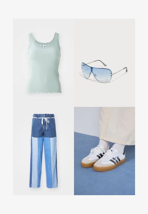 Top de alças fino em azul claro com decote de renda rendado e um tecido macio e elástico.; Calças de ganga azuis com um design em patchwork com diferentes tons de azul, cintura com cordão e pernas largas de corte reto.; Ténis brancos com riscas pretas e detalhes em camurça bege. Apresentam uma sola de borracha texturizada e atacadores brancos lisos, usados com meias de tom claro.; Óculos de sol aviador com lentes azuis em degradê, armação metálica prateada e detalhes decorativos de estrelas nas lentes. Design suave e elegante.
