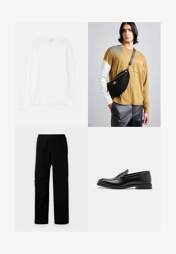 Witte lange mouw T-shirt met V-hals, gemaakt van zachte stof, met een ontspannen pasvorm en zijsplitten voor bewegingsgemak.; Zwarte fleece broek met een elastische tailleband en rechte pijpen. Gedeelte textuur zonder zichtbare patronen of hardware.; Zwarte leren instappers met een gladde textuur, ronde neus en een decoratieve band over de wreef. Lage, gestapelde hak en minimalistisch ontwerp.; Vivienne Westwood CITY BUMBAG UNISEX - Heuptas - black; AGNELLE RICK - Handschoenen - tmoka