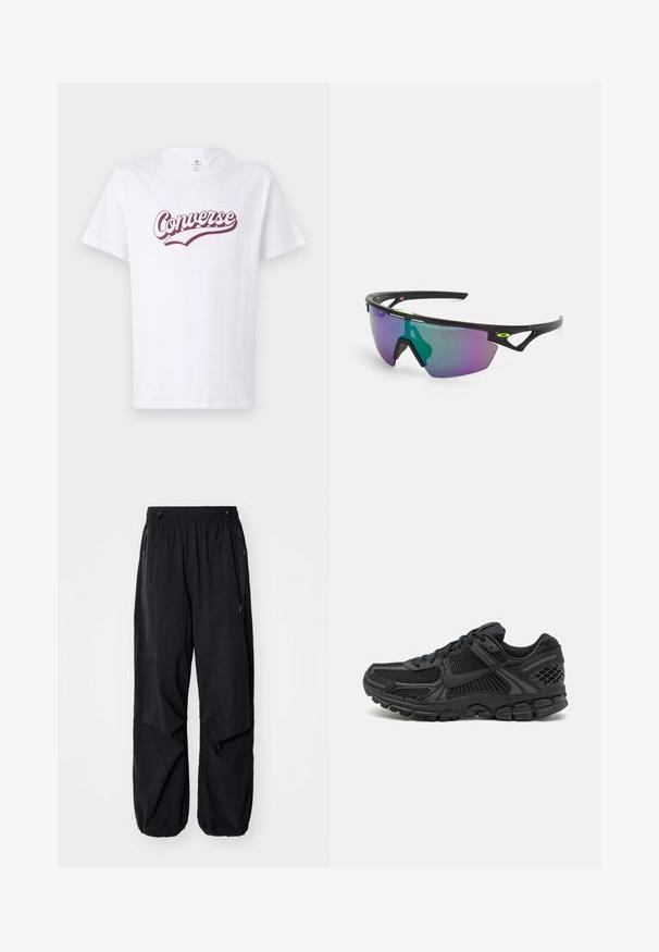 Fehér pamut póló, bordó "Converse" logóval, ívelt írásmódban, rövid ujjal és klasszikus kerek nyakkivágással.; Fekete, könnyű munkásnadrág elasztikus derékrésszel, oldalsó cipzárokkal és tágas zsebekkel. Lazán illeszkedik, és szűkülő bokákkal rendelkezik.; Fekete sportcipő, hálós felsőrésszel, gumitalppal és texturált részletekkel. A dizájn kiemelkedő fűzőrendszert és párnázott talpat tartalmaz.; Fekete keretes sport napszemüveg, nagy, lila és zöld árnyalatú, gradiens lencsével, szögletes formatervezési kiemelésekkel és logó részletekkel.
