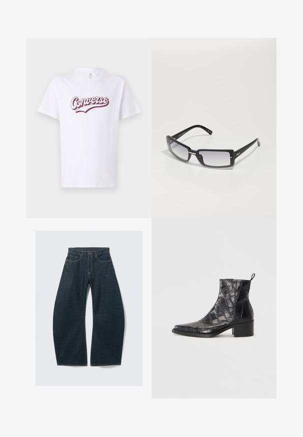 White cotton t-shirt featuring a burgundy "Converse" logo in a curved script design, with short sleeves and a classic crew neck.; Dark blue wide-leg jeans made from denim, featuring five pockets, visible stitching, a button closure, and a clean finish.; Black ankle boots made from textured faux leather with a crocodile pattern, featuring a square toe and a block heel.; Black rectangular sunglasses with a gradient lens, featuring a thick frame and metal accent details on the arms. Smooth texture throughout.