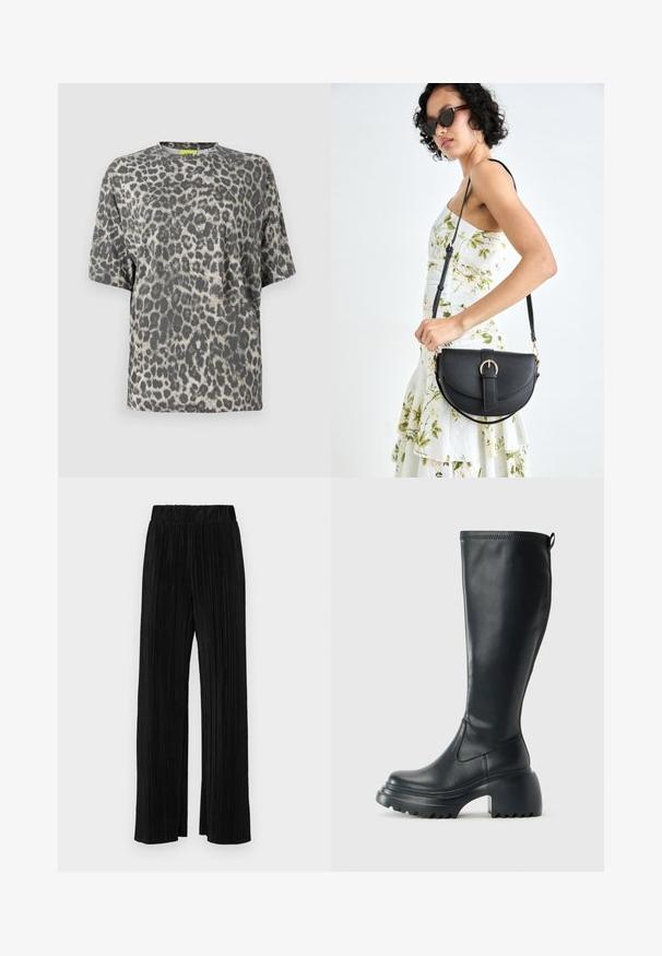 Pilko ir smėlio spalvos leopardų rašto trumpomis rankovėmis viršus, pagamintas iš minkštos medžiagos. Savybė - apvalus iškirpimas ir laisvas siluetas.; Juodi plisuoti kelnės su elastine juosta. Turėkite plačias kojas ir glotnų, tekstūrinį audinį su vertikaliais dryžiais.; Ilgas juodos odinės batai su masyvi platforma ir stačiakampiu kulnu, turintys traukimo kilpą ir tekstūruotą pado raštą.; Juodas odinis krepšys su išlenkta forma, nuimamu dirželiu ir auksiniais detalėmis. Krepšys turi kilpą su sagtimi.