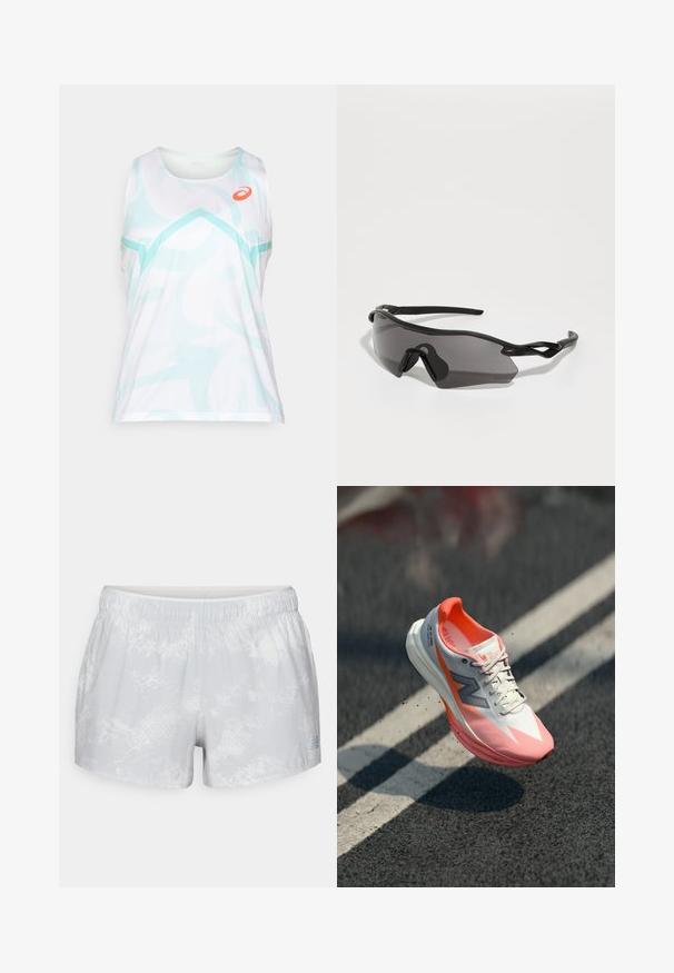 Canottiera bianca con motivo astratto blu chiaro, caratterizzata da un colletto tondo e dal design senza maniche. Logo arancione sul lato sinistro superiore.; New Balance PRINTED SHORT - Pantaloncini sportivi - grey matter; Scarpa da corsa con una tomaia bianca e rosa, caratterizzata da una trama in mesh, dettagli riflettenti e una suola ammortizzata. Design leggero per le prestazioni.; Occhiali sportivi da sole con telaio in plastica nera avvolgente, lenti scure e un design angolare distintivo. Aste flessibili per il comfort.; Bracciale in argento con catena metallica caratterizzato da anelli ovali e circolari intrecciati, dotato di chiusura a moschettone e catena estensibile regolabile.