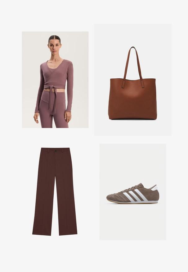 Rippený top ve stylu zavinovacího topu v jemné mauve, s dlouhými rukávy a nastavitelným vázáním v pase, doplněný o legíny s vysokým pasem ve stejném odstínu.; Kalhoty s širokými nohavicemi vyrobené z bohaté hnědé látky. Obsahují zapínání na knoflík, dvě přední kapsy, hladkou texturu a čisté linie.; Hnědá semišová sportovní bota s bílými pruhy, kulatou špičkou, šněrováním a gumovou podrážkou. Texturovaný svršek s švy.; Hnědá kožená taška přes rameno s hladkou texturou, otevřeným designem a dvěma ramenními popruhy. Obsahuje minimální švy a žádné viditelné kovové prvky.