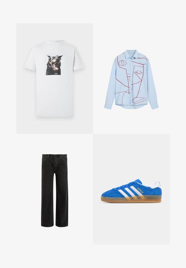 Bijela pamučna majica s printom crnog psa koji režii s smeđim detaljima, te riječju "BOSS" ispod slike.; Svijetloplena košulja na dugih rukava s gumbima, s crvenim apstraktnim vezom koji uključuje oči i zubasti dizajn, klasičnog ovratnika.; Crne traperice s širokim nogavicama i visokim strukom, s klasičnim dizajnom pet džepova i suptilnim izbljeđenjem za teksturirani izgled.; Plave nubuk patike s bijelim prugama i natpisom "Gazelle". Imaju gumeni potplat i teksturirane detalje na gornjem dijelu. Klasičan dizajn.