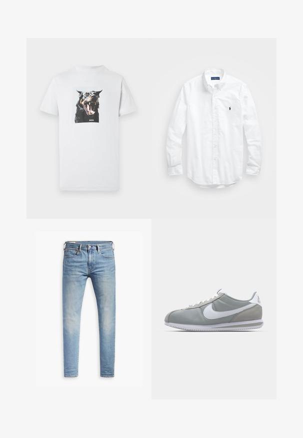 Biele bavlnené tričko s grafikou revúceho čierneho psa s hnedými akcentami a nápisom „BOSS“ vytlačeným pod obrazom.; Biele dlhé rukávy košele so zapínaním na gombíky z bavlny. Má klasický golier, gombíkové manžety a malú tmavomodrú vyšitú logo na hrudi.; Svetlo modré úzke džínsy s miernym prehrdzavením na stehnách, predným gombíkovým zapínaním, pútkami na opasok a štýlom s piatimi vreckami na bielom pozadí.; Sivé športové tenisky s vrchom z semišu a textilu, bielym logom Nike a bielymi šnúrkami. Majú štruktúrovanú gumenú podrážku a polstrovaný golier.