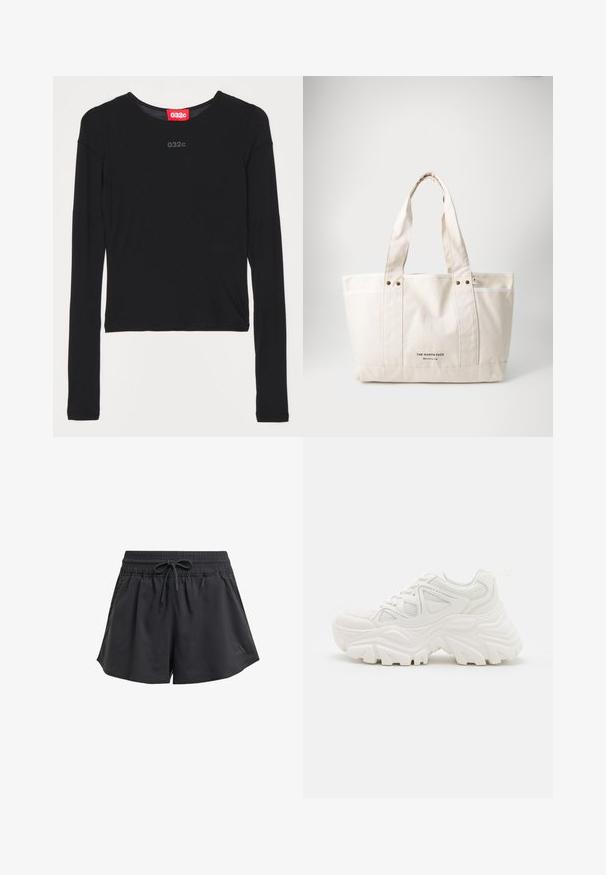 Svart langermet skjorte med rund hals. Laget av myk stoff, har et subtilt logo på brystet og en rett bunn.; Svart treningshorts med elastisk midje, indre snor og sidelommer. Laget av et glatt, lett stoff.; Hvite klumpete joggesko med en teksturert overflate, mesh-paneler og tykke gummisåler med fremtredende mønster. Snøring og trekkstrop er inkludert.; Canvas tote bag i lys beige med to robuste håndtak, kontrasterende hvit kant og logoen "THE NORTH FACE" i svart på forsiden.
