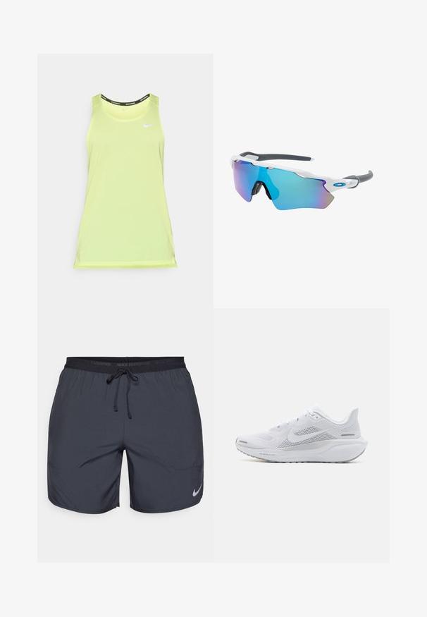Lime rohelise värvi varrukateta jooksu tiibel, mis on valmistatud võrkmaterjalist, sileda kangaga ja musta Nike Running kaelusega. Omab väikest valget logo.; Nike jooksulühikesed tumedashallid, elastse vöökoha ja paelaga, ning hõbedane logoaktsent paremas allnurgas.; Valge sportlik king, millel on võrgust pealne osa, sujuva tekstuuriga kattekiht, hallid aktsendid, sidemed ja pehmendatud tald, mis on mõeldud sooritusvõime jaoks.; Valged raamidega päikeseprillid, hallide aktsentidega ja siniste peegelprillidega. Sportlik disain, ümber keha kujundus ja reguleeritavad ninasillad.