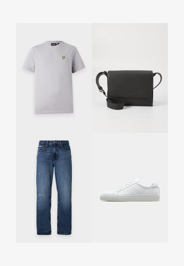 Světl grey bavlněné tričko s krátkým rukávem, na kterém se nachází malá žlutá vyšívaná značka ptáčka na levé straně hrudi.; Modré džíny z denimu se střihem rovného nohavice. Mají vybledlé oblasti a drobné opotřebení na přední straně, s klasickým zapínáním na knoflík.; Bílé tenisky s hladkým koženým svrškem a nízkým profilem. Mají zaoblenou špičku, šest nýtů a texturovanou gumovou podrážku.; Černá kožená kabelka přes tělo s texturovaným povrchem, obdélníkovým tvarem, klopou na zavírání, nastavitelným popruhem a decentním logem.