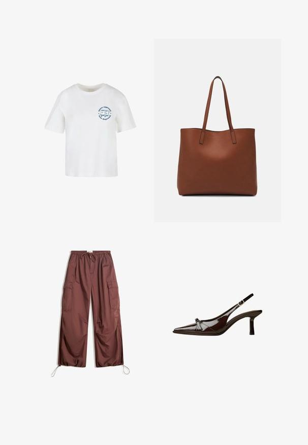 Bela bombažna majica s kratkimi rokavi, okroglega izreza, z modrim grafičnim tiskom, ki prikazuje dve risani figurici in besedilom "več espressa, manj depresije".; Široke rjave cargo hlače z elastičnim pasom, vrvico za zategovanje, velikimi stranskimi žepi in nastavljivimi vrvicami pri gležnjih.; Rjave lakirane slingback čevlje z oglatim nosom, nizko peto in dekorativno pentljo na sprednji strani. Gladka, sijoča tekstura.; Rjava usnjena torba z gladko teksturo, odprto zasnovo zgoraj in dvema naramnima trakovoma. Opremljena je z minimalnim šivanjem in brez vidnih kovinskih delov.