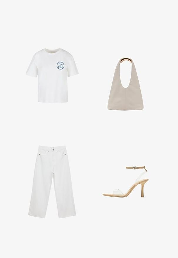 T-shirt bianca in cotone con maniche corte, colletto a giro, e stampa grafica blu che presenta due personaggi dei cartoni animati e il testo "più espresso, meno depressione".; Jeans bianchi a gamba larga realizzati in denim con vita alta, dotati di cinque tasche e dettagli in metallo. Texture liscia, senza motivi visibili.; Sandal con tacco trasparente e parte superiore trasparente, plantare beige e una sottile cinghia alla caviglia. Presenta una punta appuntita e un tacco alto e sottile.; Borsa in pelle grigio chiaro con design a forma di U e manico metallico curvo. Texture liscia con cuciture minime e senza motivi visibili.