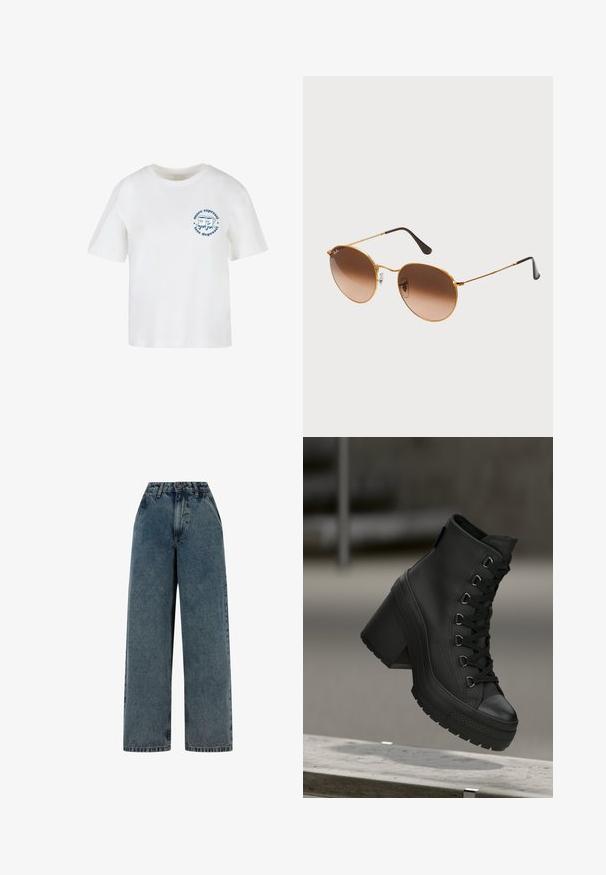 Valge puuvillane T-särk lühikeste varrukatega, ümar kaelus ja sinine graafik, millel on kaks joonisvälja karakterit ning tekst "rohkem espresso, vähem depressiooni".; Kõrgematele puusadele ulatuvad laiade jalgadega teksad keskmise sinise džinsikangaga, millel on kulunud viimistlus, ees nupuga sulgemine ja vöökohad.; Mustad mustad platvormsaapad musta värviga, tekstureeritud nahast, esiosas nööridega ja massiivse kontsaga. Omab kummist tallat, millel on väljendunud nahkade mustrid.; Kulla metallist prillid ümmarguste raamidega, gradient pruuni läätsedega ja mustade aksessuaaride külgedega. Kerge disain koos minimalistliku esteetikaga.