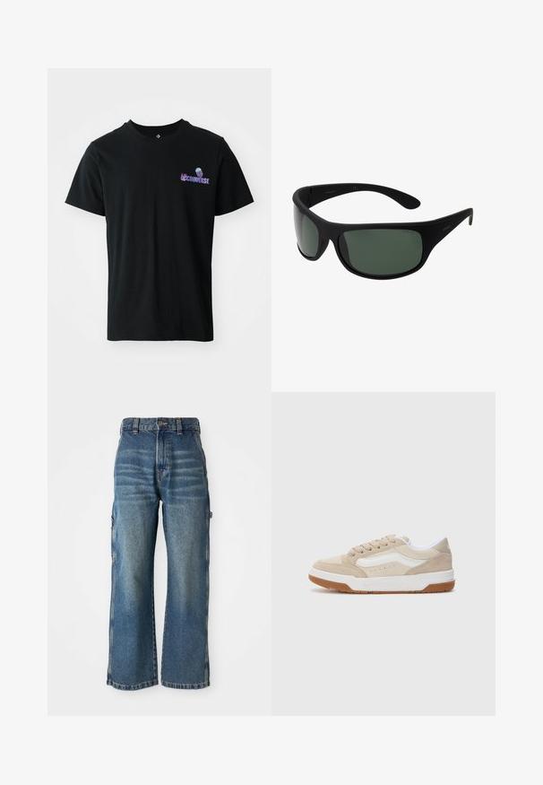 T-shirt de algodão preto com mangas curtas, apresentando um logo roxo "Converse" e uma ilustração de água-viva na área do peito esquerdo.; Calças de ganga de perna larga em azul claro com um acabamento desbotado, apresentando uma cintura alta, passantes para cinto e bolsos laterais. Detalhes de costura visíveis.; Sapatilhas de camurça bege com detalhes brancos, bico redondo, sola de borracha texturizada e design de cano baixo. Detalhes de costura nas laterais e nos atacadores.; Óculos de sol envolventes pretos com lentes verde-escuras. Acabamento matte, design curvo, com hastes retas e uma marcação sutil de lado.