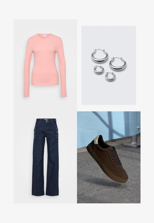 Cămașă cu mâneci lungi, din material cu textura ribbed, de culoare roz deschis, cu guler rotund și o siluetă ajustată.; Jeans din denim albastru închis, cu croi larg, prezentând accente de șireturi pe laterale, cusături contrastante portocalii și un design clasic cu cinci buzunare.; Adidași de piele întoarsă maroon, cu șireturi negre, având un capac alb pe călcâi și detalii de cusătură texturată. Talpă din cauciuc.; Patru perechi de cercei din argint în diferite dimensiuni: cercuri mari netede și stiluri rotunjite mai mici cu finisaj lustruit și clape simple.