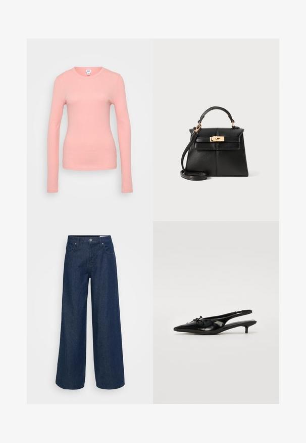 Hosszú ujjú, bordázott ing világos rózsaszínben, kerek nyakkivágással és testhezálló sziluettel, sima szövet textúrával.; Sötétkék farmer széles lábú nadrág. Magas derék, gombos záródás, öt zseb és kontrasztos varrási részletek. Simább textúra.; Fekete lakkbőr slingback cipő hegyes orral, kis sarokkal és díszes csomó részlettel elöl. Simább textúrával.; Fekete bőr kézitáska struktúrált kialakítással, tetején fogantyúval, leválasztható pánttal és arany színű fémhardverrel mágneses záródással.