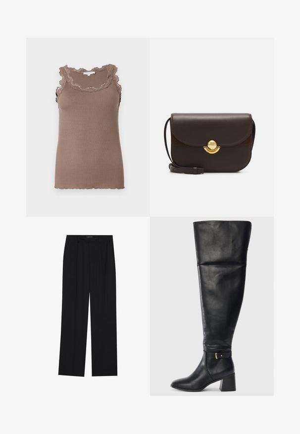 Top sin mangas de canalé marrón con un borde de encaje con forma de concha en el escote y los agujeros de los brazos, que presenta un diseño ajustado y una textura suave.; Pantalones negros con un diseño de pierna recta, que cuentan con dos bolsillos frontales y una cinturilla. Fabricados con una tela suave y ligera.; Botín de cuero negro hasta la rodilla con tacón cuadrado y correa decorativa con hebilla dorada por encima del tobillo, vista lateral sobre fondo blanco.; Furla SFERA ROUND - Bandolera - cioccolato