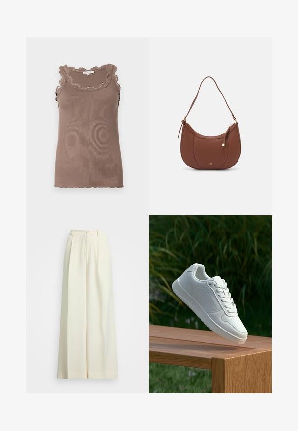 Top de alças castanho com textura canelada e um acabamento de renda em forma de concha ao longo do decote e das cavas, apresentando um design ajustado e uma textura suave.; Calças de perna larga em tecido bege claro, com cintura alta, pregas duplas e fecho de botão. Textura suave e design ajustado.; Sapatilha branca com um cabedal sintético liso, caixa dos dedos perfurada, atacadores planos e uma sola texturizada, exposta sobre uma superfície de madeira.; Mala de ombro em pele sintética castanha com forma curva, costura minimalista e detalhe em metal dourado. Apresenta fecho de zíper no topo e alça ajustável.