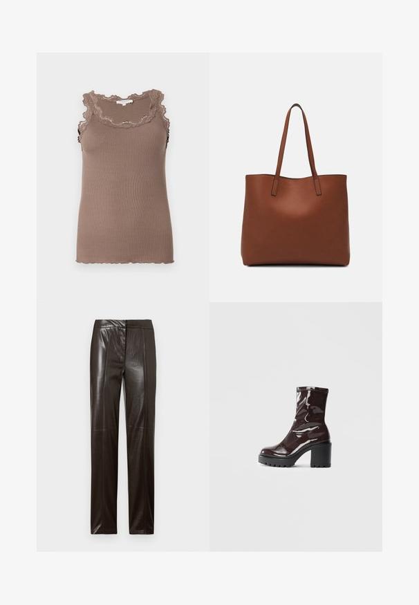 Top din bumbac maro cu textură striată, având o margine dantelată sculptată de-a lungul gâtului și brațelor, cu un design ajustat și o textură moale.; Pantaloni din piele maro închis, cu croială dreaptă, finisaj neted și detalii subtile de cusătură pe față.; Botine lucioase burgundy, cu toc gros negru, având o textură netedă și un design simplu. Fără închideri sau modele vizibile.; Geantă de umăr din piele maro cu o textură netedă, design cu vârf deschis și două curele pentru umăr. Prezintă cusături minime și fără componente metalice vizibile.