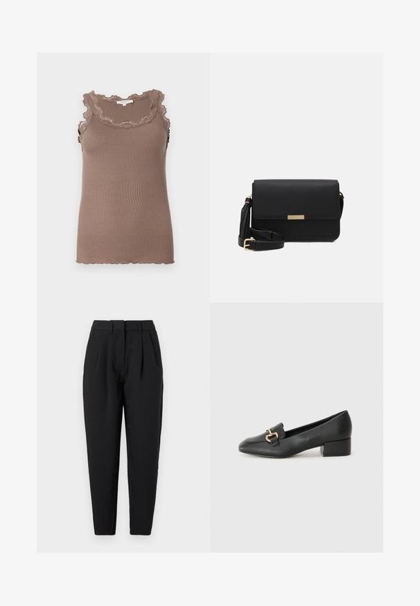 Ruda juostelėta liemenėlė su banguota nėrinių apvadu aplink kaklą ir rankovių angas, pasižyminti prigludusia forma ir minkšta tekstūra.; Juodos tiesios kelnės, su klostėmis priekyje, lygia tekstūra ir šoninėmis kišenėmis. Juosmens aukštis standartinis.; Juodi odiniai loaferiai su plokščiu kulnu, su dekoratyvia auksine detalės priekyje ir glotnia tekstūra.; Juoda odinė per petį nešama rankinė su uždarymu antklos, auksinių akcentų detalėmis, reguliuojama dirželiu ir tekstūruota paviršiumi. Kompaktiška stačiakampė forma.