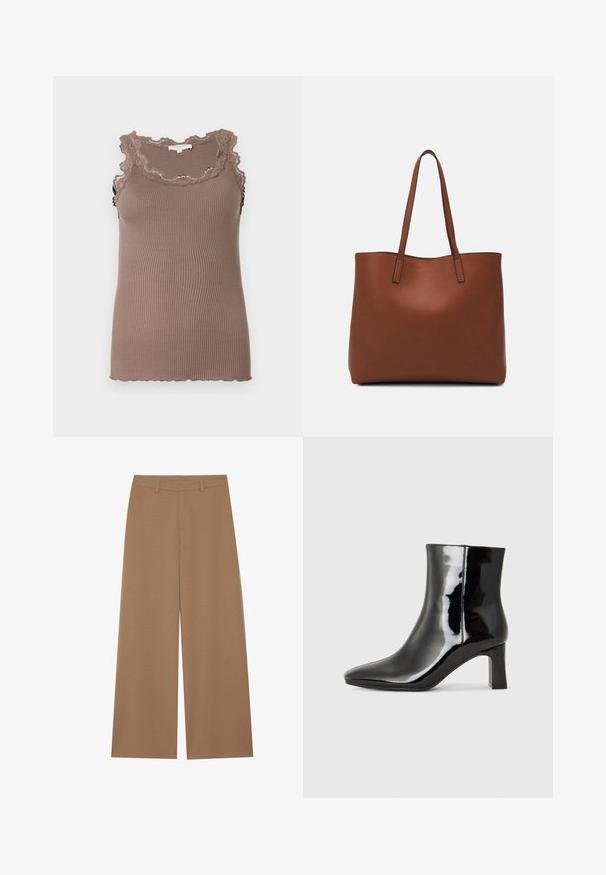 Ruda juostelėta liemenėlė su banguota nėrinių apvadu aplink kaklą ir rankovių angas, pasižyminti prigludusia forma ir minkšta tekstūra.; Laisvalaikio kelnės plačiomis kojomis, tamsiai rudos spalvos, pagamintos iš tekstūruoto audinio; turi aukštą liemenį ir struktūizuotą dizainą su diržo kilpomis.; Juodos lakuotos odinės aulinukės su smailiu pirštu ir vidutinio aukščio blokuotu kulnu. Lygus paviršius ir minimalistinis dizainas.; Ruda odinė priekabų krepšys su glotnia tekstūra, atviru viršumi ir dviem petnešomis. Su minimalia siuvimo detalėmis ir nematoma aparatūra.