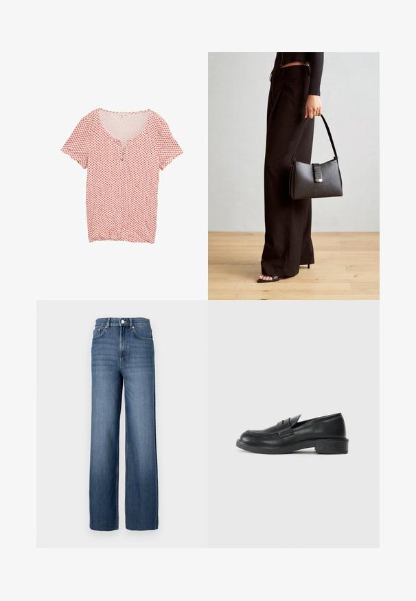 Chemise à motifs rouges et blancs avec un col en V, des manches courtes et une patte de boutonnage à trois boutons. Fabriquée en tissu léger avec une texture lisse.; Jean en denim bleu avec une taille haute et une coupe à jambes larges. Présente un design classique à cinq poches et des détails en métal sur les boutons.; Mocassins en cuir noir avec un bout arrondi, des détails cousus et un petit talon. Texture lisse et semelle en caoutchouc flexible.; Sac à main noir à la forme structurée, texture lisse et fermoir métallique. Associé à un pantalon noir ample et des sandales ouvertes sur un sol en bois.