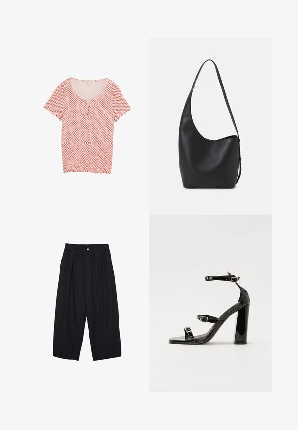 Camicia a maniche corte con scollo a V, a righe rosse e bianche, e patta con tre bottoni. Realizzata in tessuto leggero con una texture liscia.; Pantaloni culotte neri in poliestere con una cintura elastica, due pieghe frontali e una silhouette ampia. Nessun motivo visibile o dettagli in metallo.; Sandali con tacco in vernice nera, con punta squadrata, cinturini alla caviglia e fibbie in argento. Presentano un tacco a blocco spesso per maggiore stabilità.; Borsa hobo nera in pelle con una superficie liscia, forma curvata e una singola tracolla regolabile; presenta un'ampia apertura nella parte superiore.