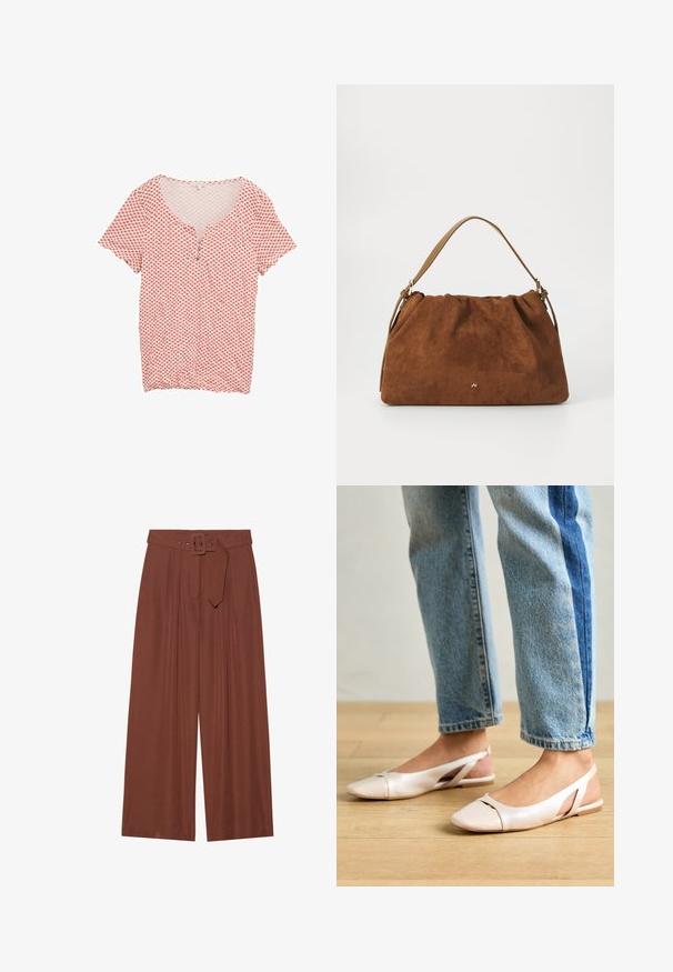 Cămașă cu model roșu și alb, cu guler în V, mâneci scurte și închidere cu trei nasturi. Confecționată dintr-un material ușor, cu o textură netedă.; Pantaloni evazați din țesătură maro, prevăzuți cu un curea cu cataramă pătrată, design pliat și textură netedă.; Sandalete plate de un roz pal cu vârf ascuțit, realizate dintr-un material asemănător pielii, neted. Prezintă detalii decupate pe laterale și un toc plat.; Geantă din suede maro cu un design plisat, având o curea din piele bej și un detaliu subtil cu logo auriu în partea din față.