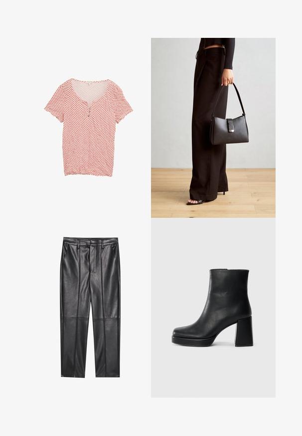 Rød og hvid mønstret skjorte med v-hals, korte ærmer og tre knapstropper. Lavet af letvægtsstof med en glat tekstur.; Sorte læderbukser med en glat overflade, der har lige pasform, to forlommer og synlige sømdetaljer.; Sort læder ankelstøvle med blokhæl og platformssål, set fra siden på en ensfarvet hvid baggrund.; Sort håndtaske med struktureret form, glat overflade og metalspænde. Sammen med brede sorte bukser og sandaler med åben tå på trægulv.