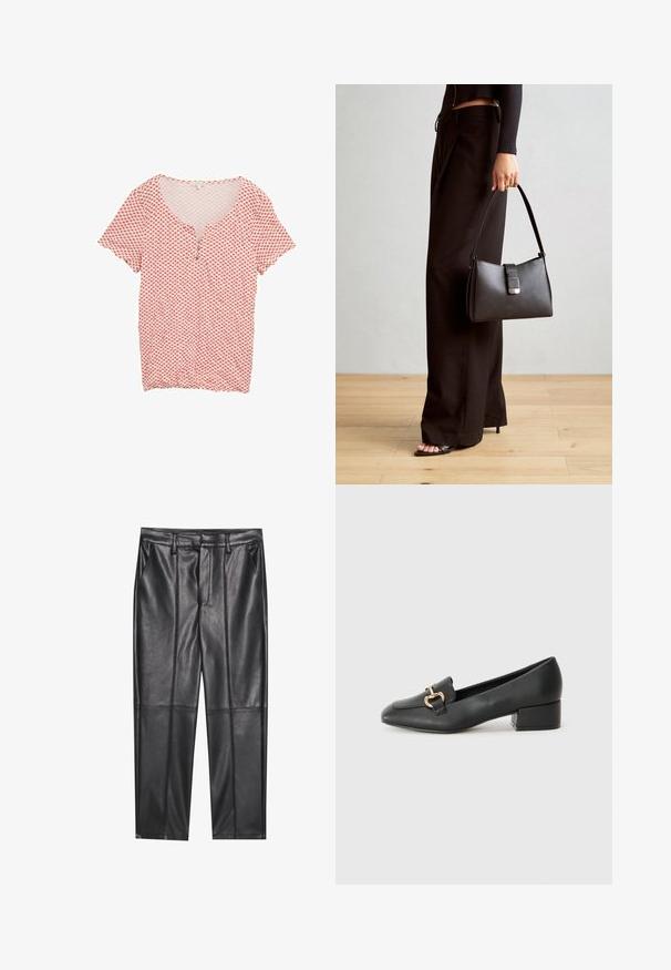 Red and white patterned shirt with a v-neck, short sleeves, and three-button placket. Made of lightweight fabric with a smooth texture.; Black leather trousers with a smooth texture, featuring a straight fit, two front pockets, and visible seam detailing.; Black leather loafers with a flat heel, featuring a decorative gold hardware detail on the front and a smooth texture.; Black handbag with structured shape, smooth texture, and a metallic clasp. Paired with wide black pants and open-toe sandals on wooden floor.