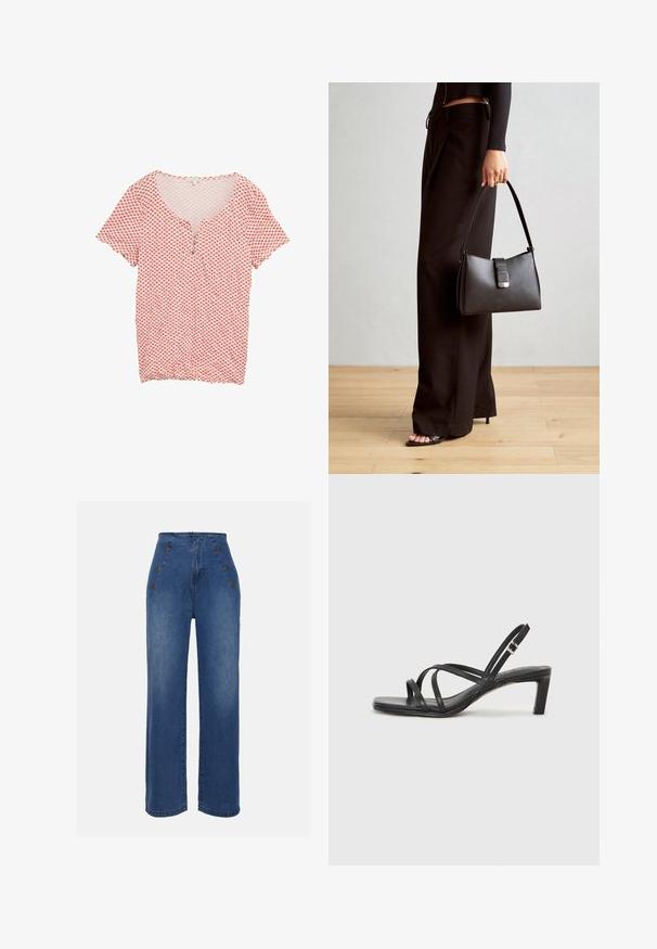 Camisa de rayas rojas y blancas con escote en V, mangas cortas y tapeta de tres botones. Fabricada con un tejido ligero y de textura suave.; Jeans de mezclilla de talle alto en azul medio. Presenta detalles de botones en la parte frontal y un diseño de pierna ancha. La tela tiene una textura suave con un ligero desvanecimiento.; Sandalia negra de tiras con punta cuadrada y tacón bajo de bloque. Presenta múltiples tiras delgadas y una correa ajustable en el tobillo. Fabricada en cuero suave.; Bolso negro con forma estructurada, textura suave y un cierre metálico. Combinado con pantalones anchos negros y sandalias de dedo en un suelo de madera.