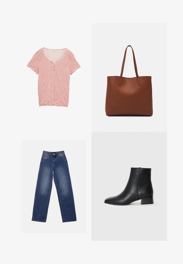 Rød og hvid mønstret skjorte med v-hals, korte ærmer og tre knapstropper. Lavet af letvægtsstof med en glat tekstur.; Anna Field Wide leg - blue wash; Sorte læder ankelstøvle med spidse tæer og en lav blokhæl, der har en glat tekstur og minimalistisk design.; Brun læder tote taske med en glat overflade, åben topdesign og to skulderremme. Har minimal syning og ingen synlig hardware.