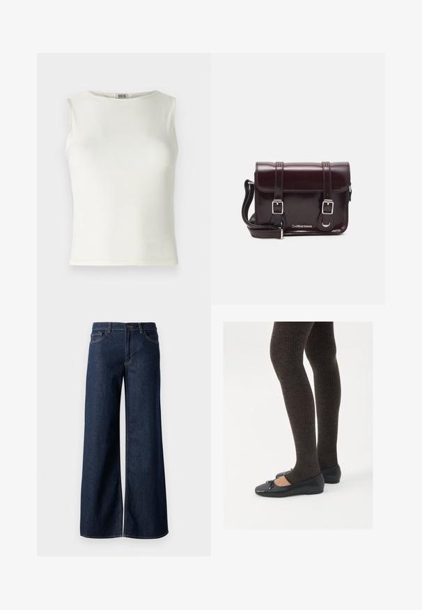 Fehér ujjatlan felső sima anyagból, lekerekített nyakkivágással és letisztult élekkel, testhezálló fazonnal. Márkacímke látható.; Sötét kék farmer széles lábú nadrág. Kontrasztos varrással, öt zsebhálóval és gombos derékzárással rendelkezik. Simás textúra.; Fekete lapos cipők kis masni díszítéssel az orrán, sötétbarna bordázott harisnyával párosítva. A cipők sima textúrával és alacsony profilúak.; Burgundy lakkbőr keresztpántos táska téglalap alakú, két pánttal, ezüst színű szerelvényekkel és fedélzárral.
