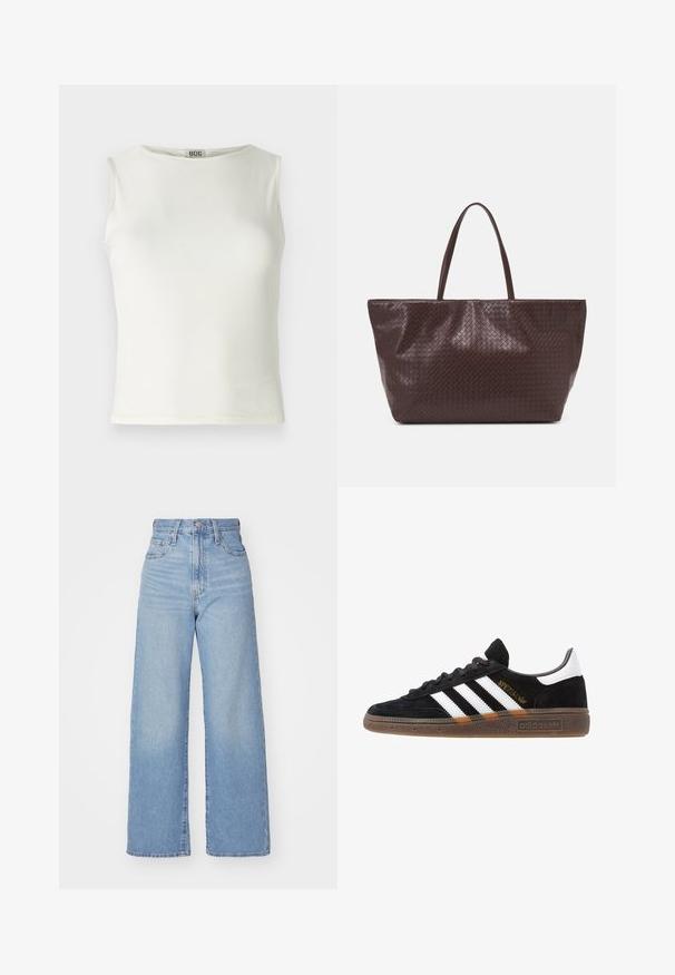 Valge ilma varrukateta tipp, mis on valmistatud siledast kangast, ümarate kaelustega ja puhaste servadega, keha lähedane siluett. Brändi silt on nähtav.; Heledad sinine kõrge vöökohaga laiad teksad, ees nupp ja tõmblukk, ees ja taga taskud, valge tausta peal.; Mustad must Adidas'i sneaker valgete triipudega, kuldse "Spezial" tekstiga, kummi tallaga ja valge kontsaga, kujutatud külgvaates.; Pruun punutud nahast kott kahe käepideme ja struktureeritud kuju ning tekstureeritud pinnaga, millel on kogu ulatuses rombikujuline muster.