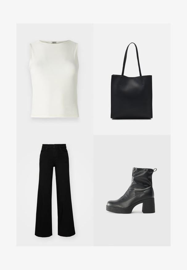 Biely top bez rukávov vyrobený z hladkej tkaniny, s okrúhlym výstrihom a čistými okrajmi, ktorý má priliehavý strih. Viditeľná značka.; Čierne široké nohavice z denimu s pevným pásom, pútkami na opasok a prednými vreckami. Hladká štruktúra s klasickým dizajnom.; Čierne členkové topánky z hladkej kože, so bočným zipsom, robustnou textúrovanou pätnou časťou a zaobleným dizajnom špičky.; Čierna kožená taška na rameno s hladkým povrchom, obdĺžnikovým tvarom a dvoma dlhými uchami. Bez viditeľného kovania alebo ozdôb.