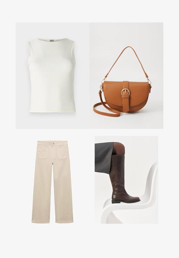 Witte mouwloze top van gladde stof, met een ronde halslijn en schone randen, met een aansluitende silhouet. Merkenlabel zichtbaar.; Beige wijde broek van katoen. Voorzien van een rits, een knoop aan de voorkant en twee opgestikte zakken op de achterkant. Schoon afgewerkt zonder versieringen.; Bruine leren knie-hoge laars met een ronde neus, een soepele textuur en minimale stikseldetails, tegen een lichte achtergrond op een witte stoel.; Bruine leren schoudertas met een gebogen vorm, gouden hardware en een gespaccent. Bevat een afneembare schouderriem.