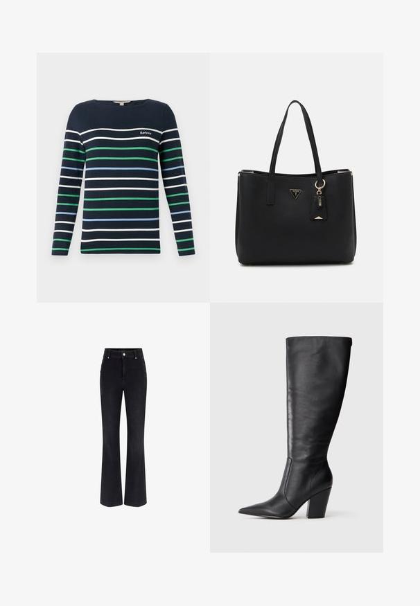 Hosszú ujjú tengerészkék pulóver zöld, kék és fehér vízszintes csíkokkal. Kerek nyakkivágással és a mellrészen található "Barbour" logóval rendelkezik.; Fekete farmerbő szabású nadrág, magas derékkal, öt zsebbel, valamint fémgomb díszítéssel az oldalakon. Sima textúra és klasszikus illeszkedés.; Fekete, térd fölé érő bőr boka csizma hegyes orral és vastag, magas sarokkal, bal oldalról profilból bemutatva fehér háttér előtt.; Fekete tote táska strukturált szintetikus anyagból, két fogantyúval, arany logó táblával és egy kis címkével, amely kiemelő részletet tartalmaz.