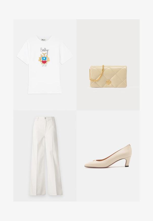 White cotton t-shirt featuring a colorful graphic crest with yellow accents, blue circle, and red triangles. "Bally" is printed in black above the crest.; White wide-leg trousers made from cotton with a smooth texture. Features a front button, zipper fly, and four-pocket design.; Beige patent leather pump with a pointed toe and a low, block heel. Features a small gold logo detail on the toe. Smooth texture.; Beige quilted leather handbag with a golden chain strap and logo accent on the front. Smooth texture with diamond-patterned stitching.