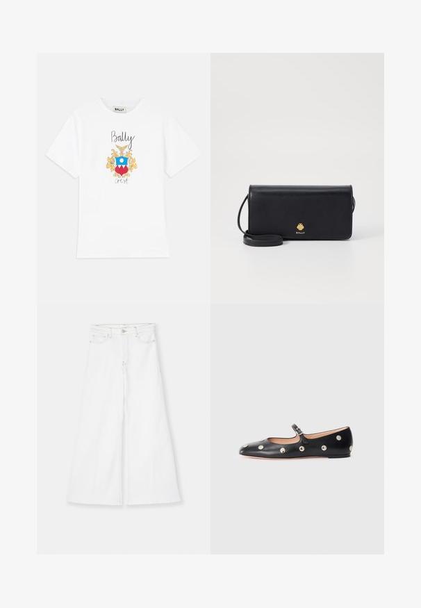 White cotton t-shirt featuring a colorful graphic crest with yellow accents, blue circle, and red triangles. "Bally" is printed in black above the crest.; FRAME LE PALAZZO CROP RAW FRAY - Flared Jeans - white; Black leather Mary Jane flat shoe with a rounded toe, featuring silver circular studs and an adjustable strap with a buckle.; Black leather wallet with a slim rectangular shape, featuring a gold logo. Includes a detachable strap for carrying convenience.