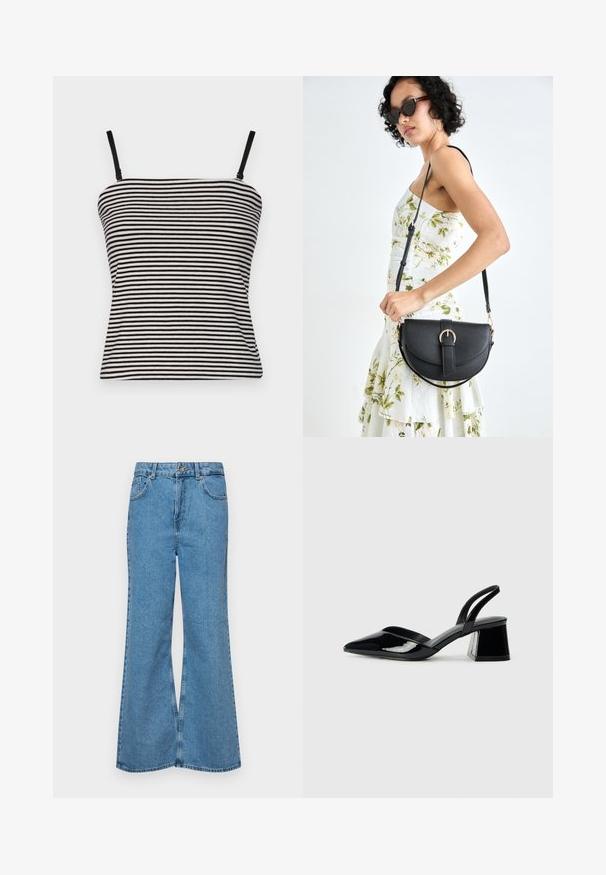 Black and white striped camisole with thin adjustable straps and a fitted design, made of lightweight fabric with a smooth texture.; Light blue flared jeans made of denim, featuring a high waist, five pockets, and a single button closure. Soft texture with faded finish.; Black patent leather slingback heels with a pointed toe and a geometric block heel. Features a sleek, minimal design and smooth texture.; Black leather handbag with a curved shape, detachable strap, and gold hardware. The bag features a flap with a buckle detail.