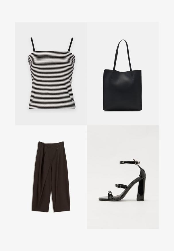 Camisola s crno-bijelim prugama s tankim podesivim naramenicama i prilagođenim dizajnom, izrađena od laganog materijala s glatkom teksturom.; Tamno smeđe široke hlače s visokim strukom, s jednim dugmadi na zakopčavanju i pregibom sprijeda. Izrađene od laganog materijala.; Crne lakirane sandale na pete sa kvadratnim nosom, trakama oko gležnja i srebrnim kopčama. Imaju čvrst blok petu za stabilnost.; Crna kožna torba za nošenje s glatkom teksturom, pravokutnim oblikom i dvije duge ručke. Nema vidljivih metalnih dijelova ili ukrasa.