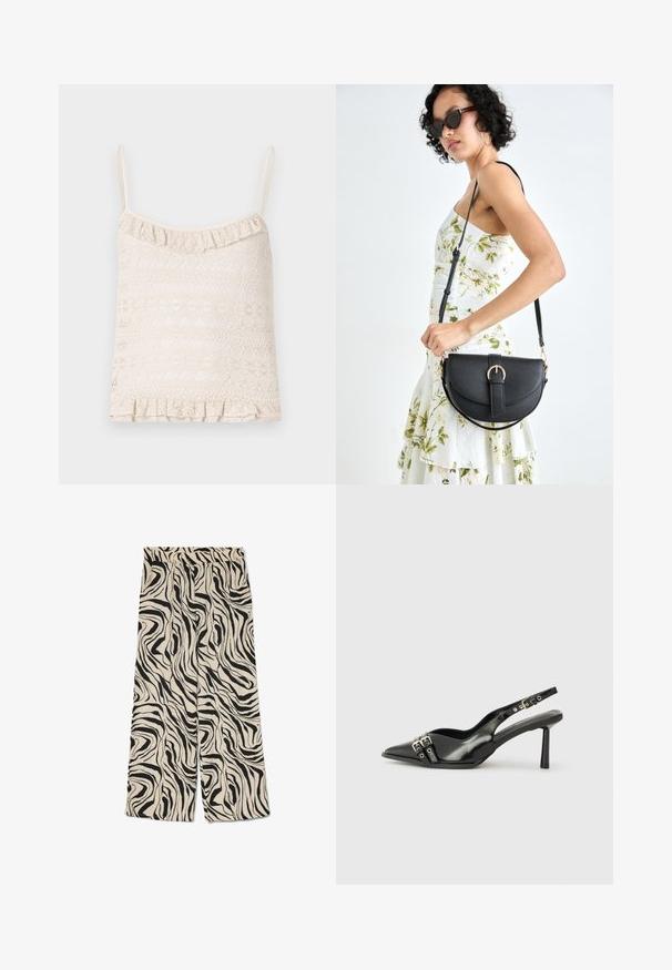 Krajkový top bez rukávů v světle béžové barvě s nastavitelnými tenkými ramínky, volánkovým lemem a složitou texturou vzoru na celém materiálu.; Kalhoty v širokém střihu s krémovým pozadím a výrazným černým abstraktním vzorem zebry. Mají elastický pas a hladkou strukturu.; Černá lakovaná slingback obuv s špičatou špičkou, kotníkovými pásky s kovovými sponami a příslušenstvím, a štíhlým podpatkem.; Černá kožená kabelka s křivkovým tvarem, odnímatelným popruhem a zlatými detaily. Kabelka má klopu s přezkou.