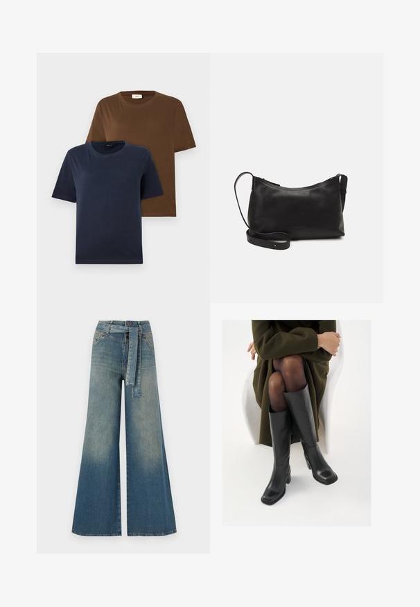 Kaks lühikeste varrukatega T-särki: üks tumesinine, teine rikkalik pruun. Mõlemal on ümar kaelus ja pehme, sile puuvillane tekstuur.; Laiad denimpüksid, millel on hele tume sinine gradiendiefekt, kõrge vöökoht, vöökumlid ja sobivast kangast vöö. Struktureeritud denimi viimistlus.; Knee-high mustad nahast saapad nelinurkse varbaga ja plokilise kontsaga, esitatud mudeli kõrval, kes istub oliivirohelises mantlis. Sujuv tekstuur, minimaalne detailide arv.; Mustmust nahk õlakotil on sile tekstuur, kumer kuju, reguleeritav rihm ja lukuga sulgemine. Minimalistlik disain ilma kaunistusteta.