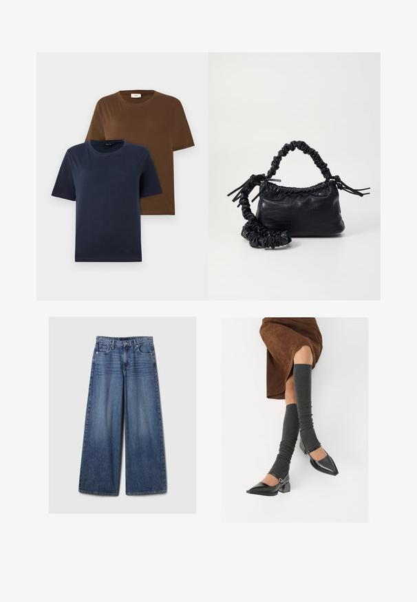 Two short-sleeve t-shirts: one in dark navy, the other in rich brown. Both feature round necklines and a soft, smooth cotton texture.; Wide-leg blue denim jeans with a faded finish, featuring a button and zipper closure, five pockets, and belt loops.; Black patent leather pointed-toe shoes with a block heel and ankle strap, paired with gray ribbed leg warmers and a brown suede skirt.; Black faux leather handbag with a crocodile texture, cinched top, and a scrunched strap. Appears soft and compact in design.