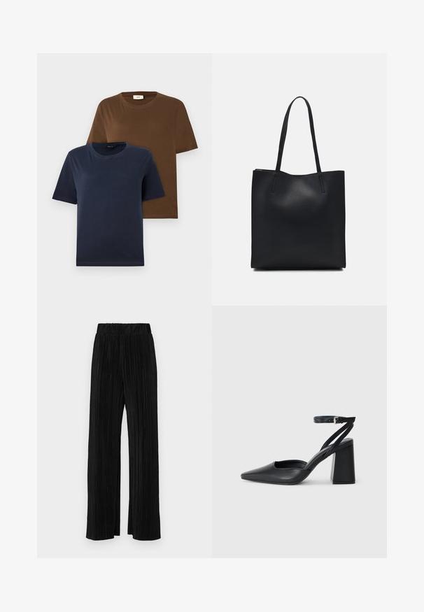 Two short-sleeve t-shirts: one in dark navy, the other in rich brown. Both feature round necklines and a soft, smooth cotton texture.; Black pleated trousers with an elastic waistband. Features wide legs and a smooth, textured fabric with vertical stripes.; Black leather pointy-toe pump with an ankle strap and a chunky heel. Flat texture, sleek design, and minimalistic aesthetics.; Black leather tote bag with smooth texture, rectangular shape, and two long handles. No visible hardware or embellishments.