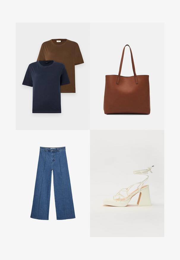 Due magliette a maniche corte: una in blu navy scuro, l'altra in marrone intenso. Entrambe presentano colli rotondi e una morbida e liscia texture in cotone.; Jeans in denim a gamba larga di blu medio, con vita alta, chiusura con bottone e dettagli delle cuciture verticali a contrasto lungo la parte anteriore.; Sandalo bianco con tacco alto, caratterizzato da un design a cinturini e un legaccio alla caviglia. Texture liscia con una piattaforma frontale per un'altezza aggiuntiva.; Borsa tote in pelle marrone con texture liscia, design con apertura superiore e due spallacci. Presenta cuciture minime e nessun hardware visibile.