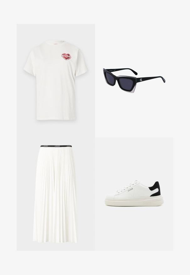 White cotton t-shirt with a crew neck, featuring a red heart-shaped graphic with the word "HUGO" inside. Short sleeves, relaxed fit.; Pleated white skirt with a black elastic waistband featuring the "LACOSTE" logo. Mid-length design with soft texture.; White leather sneakers with a thick white sole, black suede heel accent, and embossed logo on the side. Laced design with six eyelets.; Black oversized sunglasses with a geometric shape, featuring dark lenses and a contrasting grey detail on the frame. Logo on the arm.