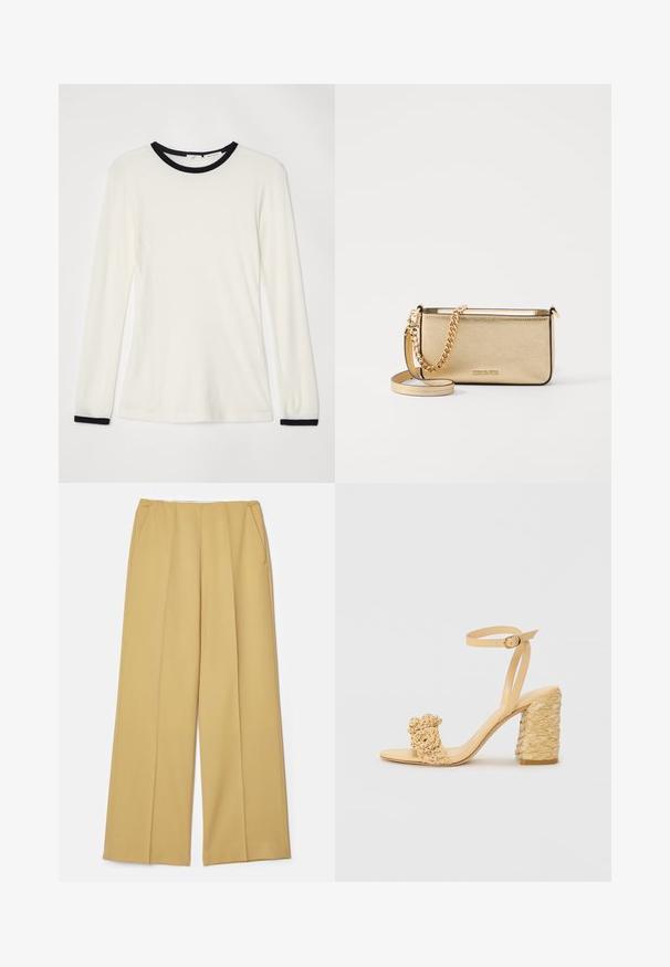 Langarmhemd aus cremefarbenem Stoff mit schwarzem Rundhalsausschnitt und Akzenten an den Manschetten. Weiche Textur, figurbetontes Design mit glatter Oberfläche.; Weite Hosen aus einem senfgelben Stoff, mit Taschen auf der Vorderseite und einer glatten Textur, in einem klaren, maßgeschneiderten Design.; Beige High-Heel-Sandale mit geflochtener Textur, dekorativer Blume und Knöchelriemen. Der quadratische Absatz sorgt für Stabilität.; Metallisch goldene Leder-Clutch mit strukturierter Oberfläche, ausgestattet mit einem goldenen Kettenriemen und einem abnehmbaren Schulterriemen. Markenlogo geprägt.