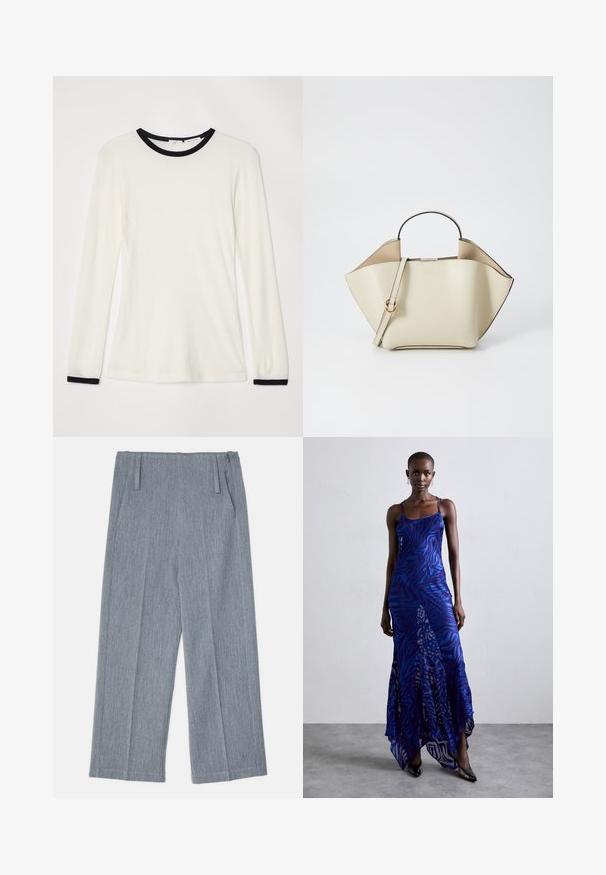 Majica s dolgimi rokavi v off-white tkanini z črnim okroglim ovratnikom in ojačitvami na manšetah. Mehka tekstura, prilega se telesu z gladkim zaključkom.; Svetlo sivi, široki hlače iz teksturirane tkanine, ki imajo dve sprednji gubi in že dva stranska žepa. Čist, prilagojen dizajn.; Maxi obleka z živalskim vzorcem v modri in vijolični barvi, s tankimi naramnicami, oprijetim pasom, razširjenim robom in prosojnimi detajli.; Ree Projects ANN - Torbica - beige