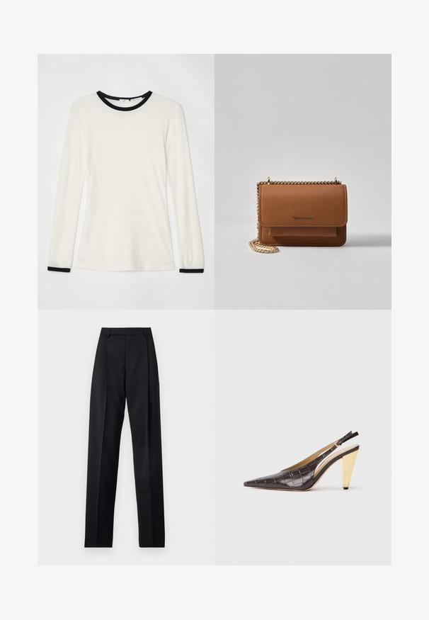 Pikkade varrukatega särk heledast valgest kangast musta ümarjoonega kaeluse ja mansettide aktsentidega. Pehme tekstuur, lähedane lõige ja sile viimistlus.; Mustad püksid siledast kangast, millel on kõrge vöökoht, laiad jalad, esimesed kortsud ja klassikalised vööloopid. Küljepockets pole nähtavad.; Kitsas varbaga slingback konts tumepruunis läikivas kunstkrokodillinahast. Omab kuldse tooni geomeetrilist kontsa ja reguleeritavat pahkluu rihma.; Pruun tekstureeritud nahk ristkeha kott kuldse ahelaga rihmaga ja klapiga sulgemine. Esiküljel on logo detail ja tasku klapi all.