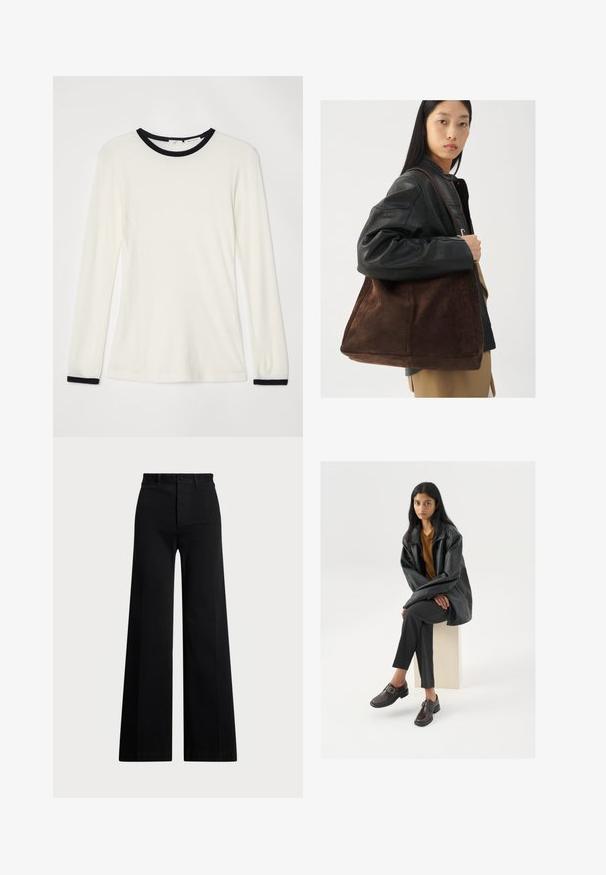 Langsleeve shirt in off-white stof met een zwarte ronde hals en accenten op de manchetten. Zachte textuur, getailleerd ontwerp met een gladde afwerking.; Zwarte wijde broek van geweven stof, met een hoge taille, sluiting met een knop aan de voorkant en zijzakken. Soepele textuur met strakke lijnen.; Zwarte leren oversized jas, oranje top, grijze op maat gemaakte broek en bruine gespschoenen, zittend op een lichtgekleurde blok tegen een witte achtergrond.; Bruine suède tote bag met een brede vorm en zachte textuur, voorzien van een enkele schouderband en minimale hardware tegen een neutrale achtergrond.